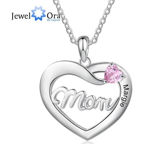 JewelOra Personalized Mom Necklace with DIY Birthstone Customized Engraved Name Heart Pendant Anniversary Mothers Day Gifts