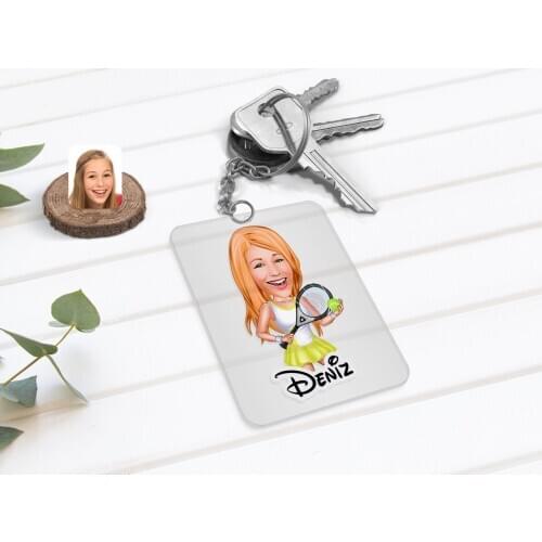 Personalized Women 'S Tennis Player Caricature Of Transparent Plexiglass Anahtarlık-2