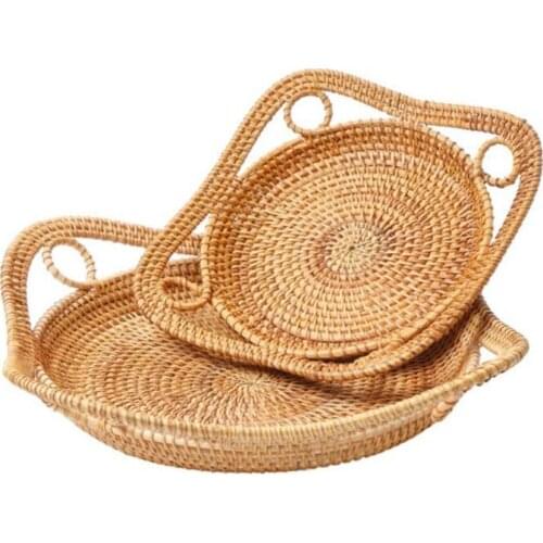 2 Pcs Woven Rattan Fruit Basket for Kitchen, Storage Display Gift, Bread Basket Tray for Restaurant Food Snack Serving