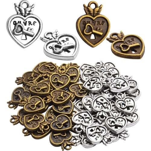 50pcs Tibetan Style Heart Lock Charms Antique Alloy Lock Pendant Craft Supplies, Antique Silver and Antique Bronze, 17x13x2.5mm