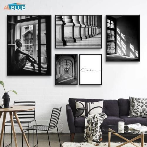 Nordic Poster Black And White Building Canvas Painting Girl Wall Art Posters Prints Wall Pictures For Living Room Scandinavian
