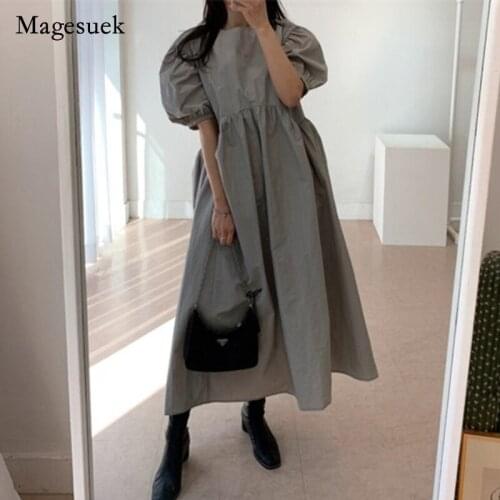 Plus Size Party Dresses 2021 Summer Dress for Women Vintage Puff Sleeve Loose Solid Color Long Dress Fashion Robe Femme 14047