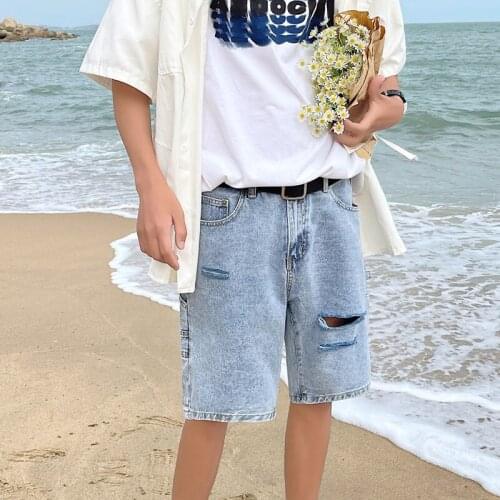 Ripped Wide-leg Jeans Distressed High Street Straight Shorts Loose Washed Overalls All-match Trend Casual Five-point Pants Thin