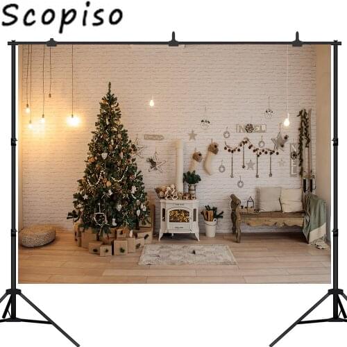 Scopiso Christmas Fireplace Photography Backdrop White Brick Wall Background Xmas Eve Party Decoration Banner Photo Booth Props