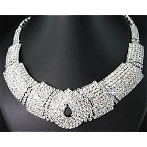 Bridal Black Diamante Crystal Elegant Necklace Earrings Jewelry Set for Wedding Party