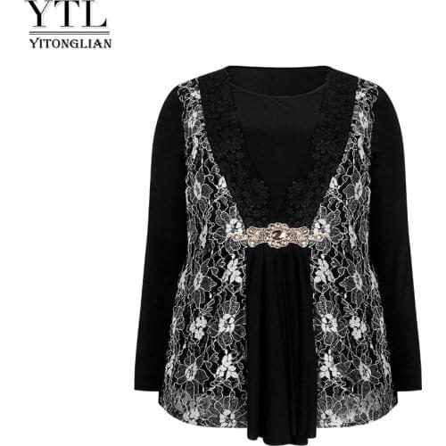YTL Vintage Lace Tunic Round Collar Rhinestone Decoration Elegant Womens Tops Plus Size Ladies Blouse Fashion Shirt