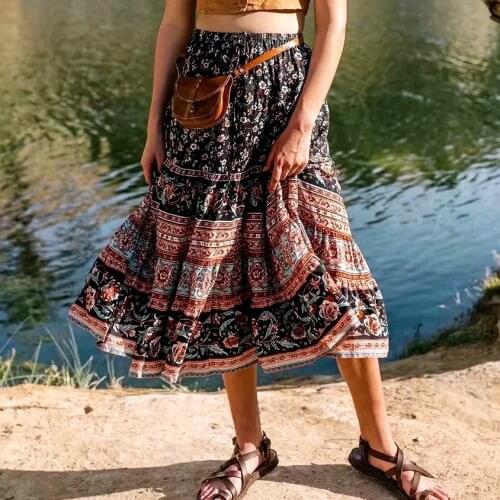 GypsyLady Floral Print Pleated Boho Skirt Summer Women Long Skirts Ruffles Elastic Waist Holiday Female Ladies Casual Chic Skirt