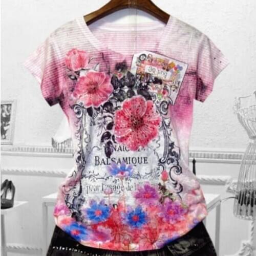 Short sleeve cotton t-shirt women o-neck printed beading slim silk top tees plus size 4XL
