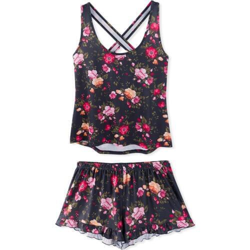 Neatie kiddie Home Night Sleepwear Floral Print Women Pajams Sets Cross Back Sleeveless Tank Tops Loose Shorts Female Clothes