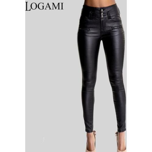 LOGAMI Women Pu Leather Pants Black Sexy Stretch Bodycon Trousers Women High Waist Long Pants