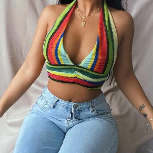 Women Sexy Colorful Striped Halter Knitted Tank Top 2021 Fashion Sleeveless Backless Bandage Slim Crop Top Holiday Casual Camis