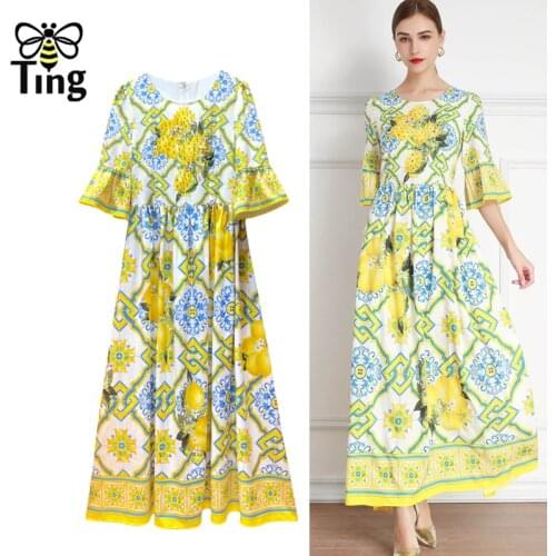 Tingfly Designer Runway Leon Print Flare Sleeve Party Dresses Women Summer Casual Maxi Long Vestidos Yellow Vacation Elbise Za