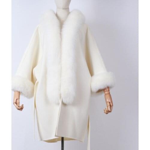Ladies woollen coat with fur collar and sleeve women 100% wool shawl