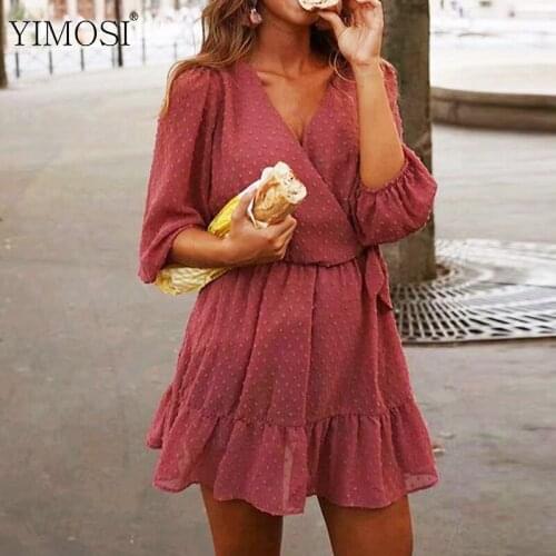 2021 Spring Summer Women Ruffles Chiffon Dress Ladies Bow Boho Lace Mini Dress Female Wrap V Neck Beach Sundress