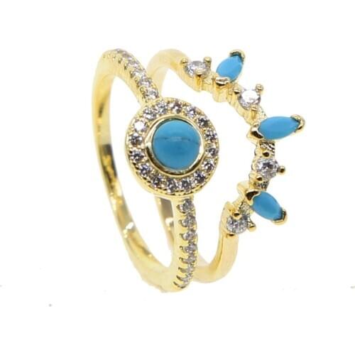 Gold Fashion Lovely Jewelry Women Engagement Rings Set Pave White Cz Blue Turquoises Stone Trendy Full Finger Gift Party