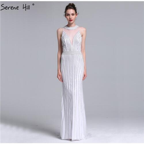 2020 White Backless Mermaid Sexy Evening Dresses Sleeveless Full Crystal Stripe Luxury Fashion Tulle Evening Gowns LA6040
