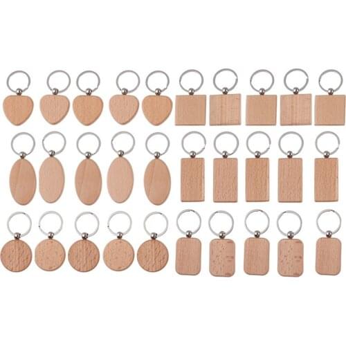 30Pcs Wooden Keychain Wood Pendant Blanks with Keyrings for DIY Key Craft Supplies Wood Color One Size