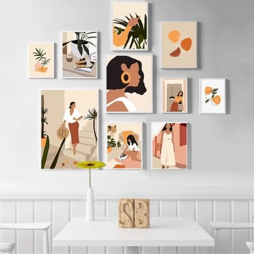 Fashion Poster Minimalist Vintage Woman Canvas Painting Nordic Posters and Prints Plant Leaves Wall Pictures for Home Decor