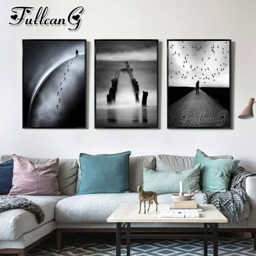 FULLCANG 5d diy diamond embroidery black and white landscape painting triptych full square round drill wall decoration FC3605