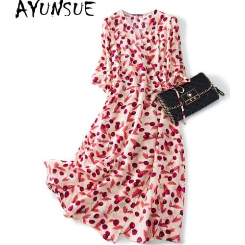 AYUNSUE 2021 Real Silk Dress Women Summer Korean Beach Dresses for Women Elegant Party Midi Vintage Dress Vestido De Mujer J6544