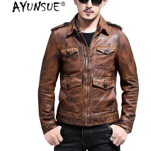 AYUNSUE Genuine Leather Jacket Men Real Sheepskin Coat Vintage Slim Fit Short Autumn Motorcycle Men Leather Jackets YC-55 KJ3216