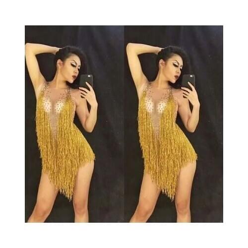 Glisten Beads Costume One-piece Dance Wear Sparkly Tassel Bodysuit Women Rhinestone Outfit Singer Stage Leotard