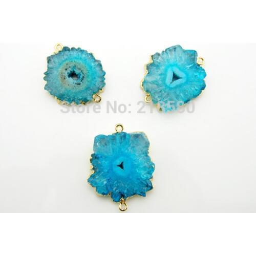 SP-04309 24K Gold Electroplated Edges Blue Crystal Quartz Stalactite Slice Druzy Crystal Gold Double Bail Pendant