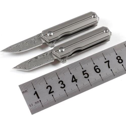 Freewolf Damascus Steel Mini Small Ball Bearing Flipper Folding Knife Drop Point/Tanto Blade TC4 Titanium Alloy Handle H0152