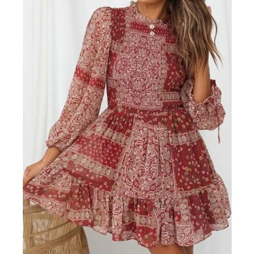 Jastie 2021 Bohemian Women Dresses O-Neck Stitching Floral Print Bow Cuff Long Sleeve Mini Dress Casual Beach Party Ladies Dress
