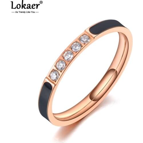 Lokaer Trendy Titanium Stainless Steel Fine Brand Jewelry Black Acrylic & CZ Crystal Rings Bridal Wedding Ring For Women R19126