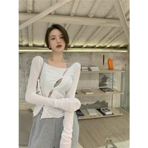 Korean Style Women Tops 2021 Fashion New Blouses Summer Trendy White Sexy Crop Top Hollow Out Tee Shirts Cardigan Mesh Button Up