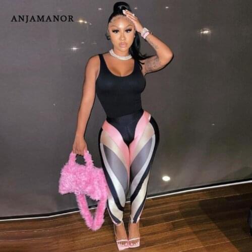 ANJAMANOR Fashion Striped Print High Waist Leggings Sport Women Fitness Workout Clothes Active Wear Sexy Pants Clubwear D87-BC19