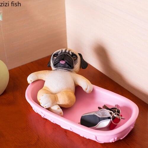 Pug Dog Storage Ornaments Geometric Decor Resin Animal Statue Candy Snacks Plates Desktop Sundries Organizer Box Home Decoration