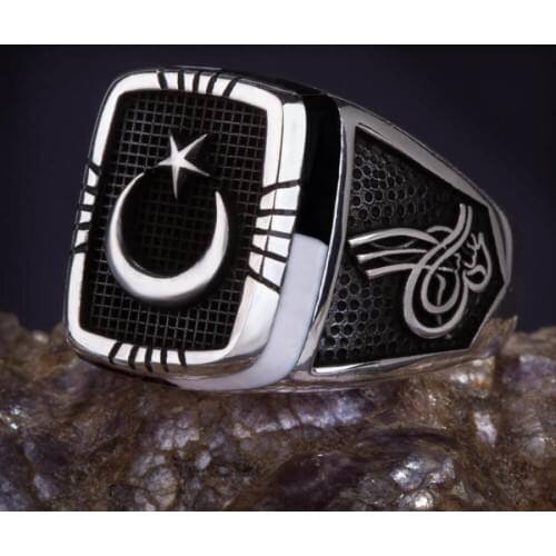 925 Sterling Silver Crescent Star and Ottoman Tughra Mens Ring with Black White Stone Moon Star Silver Ring for Men