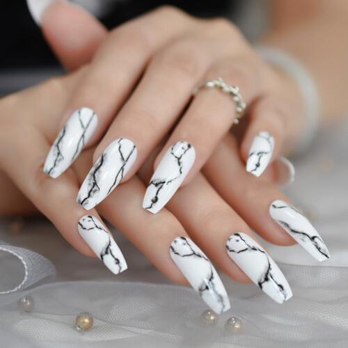 White Black Gradient Marble Press on False Nails Extra Long Ballerina Coffin UV Gel Glue On Fake Fingersnails Extention Tool