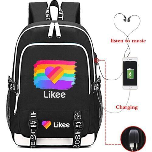 3D Print Likee Backpack Russia LIKEE Video App Bag Double Layer Zipper Heart Cat USB Charging Bagpack Girls Bookbag