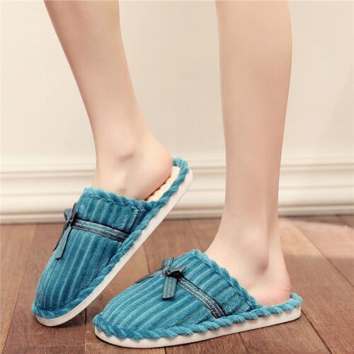 Plush Slippers Women Winter Indoor Corduroy Non-Slip Warm Men Shoes Cute Bow Slipper Bedroom Slippers Pantoufles Couples Hiver