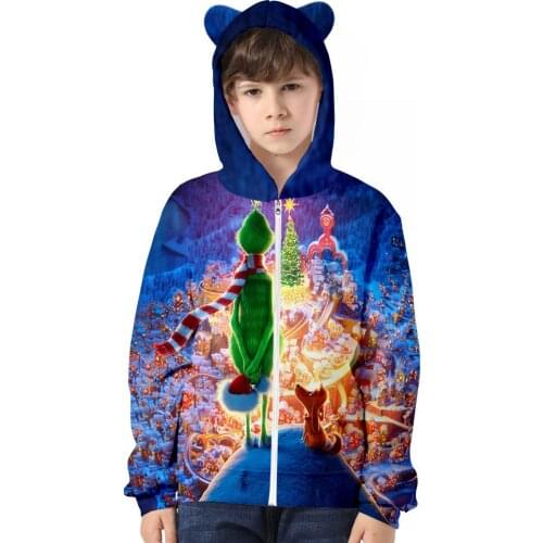 3D Green Grinch Sweatshirt Korean Kpop Street Style Sweatshirts Zipper Long Sleeves Boys Girls Streetwear Cat Ears Hoodies