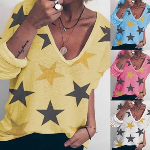 Solid Color Women Star Print Long Sleeve V-neck Loose T-shirt Pullover Tops