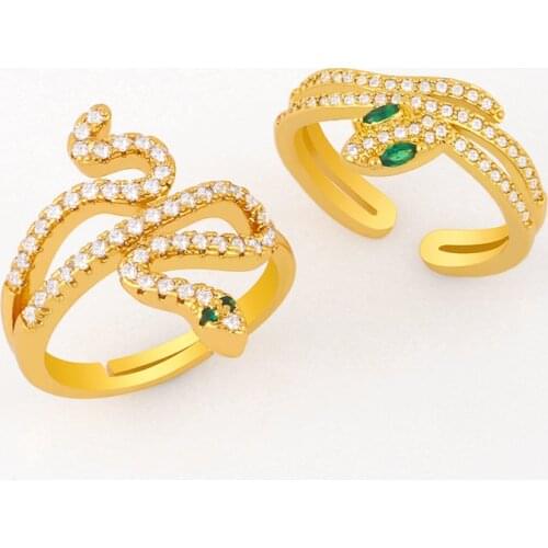 FLOLA CZ Stone Gold Snake Rings For Women Adjustable Crystal Green Eye Snake Cuff Ring Zirconia Jewelry Wholesale Gifts rigj55