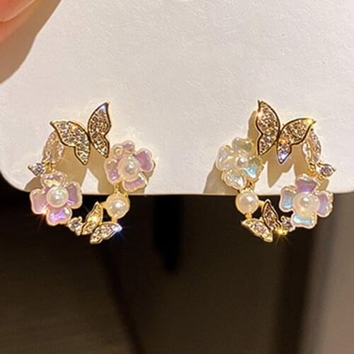 Butterfly Flower Circle Rhinestone Resin Animal Earrings For Women Romantic Cute Insect Animal Bee Stud Earring Jewelry Gifts