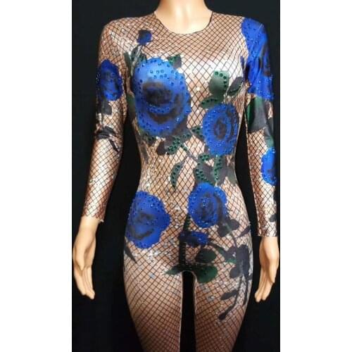 Vintage Female Blue Rose Printing Long Sleeves Skinny Performance Jumpsuits Womens Sexy Pole Dance Rhinestone Bodycon Costumes