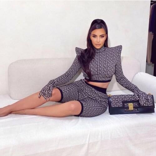 HIGH STREET Newest 2021 Baroque Designer Suit Set Womens Peak Shoulder Jacquard Geometrical Crop Knitted Tops Pants Set two pcs