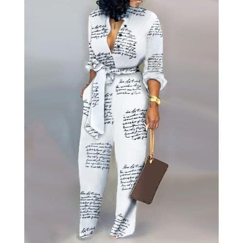 Women Jumpsuit Letter Print Casual Knotted Jumpsuit Deep V Neck Long Sleeves Jumpsuit Overalls
