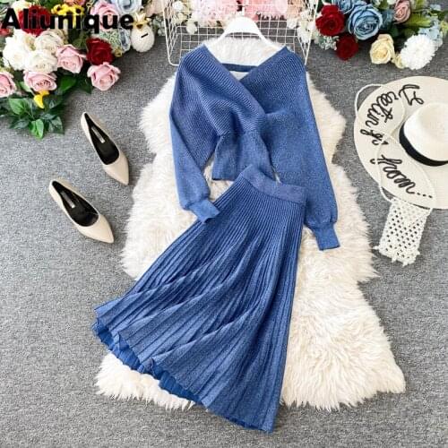 Aliunique Trendy Knitted Sweater And High Waist Hip Skirt Two-piece Suit For Women 2021 Fashion Design Leisure Temperament Suit
