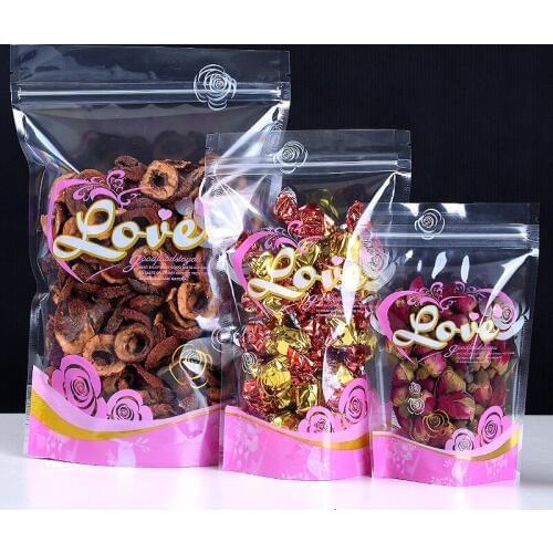 1000Pcs Pink Transparent Plastic Bag Food Packaging Stand Up Doypack Pouch Resealable Dried Fruits Flower Tea