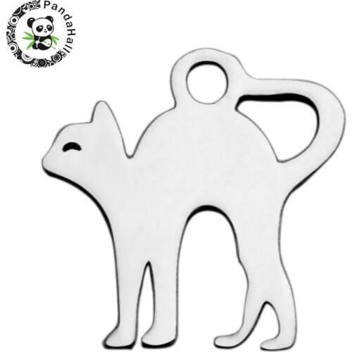 20pc 304 Stainless Steel Cat Charms for necklace jewelry making, Stainless Steel Color bedels, 12.5x12x1mm, Hole: 1.5mm F60