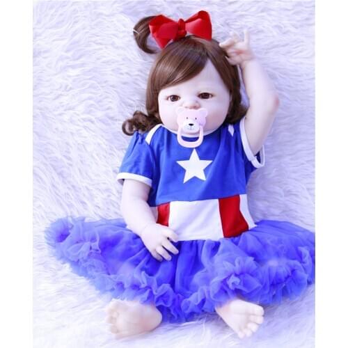55cm Reborn Baby Girls Silicone Babies wear blue dress Bonecas Doll Toys Bebe Reborn Best Children Early Childhood Dolls Kids Gi