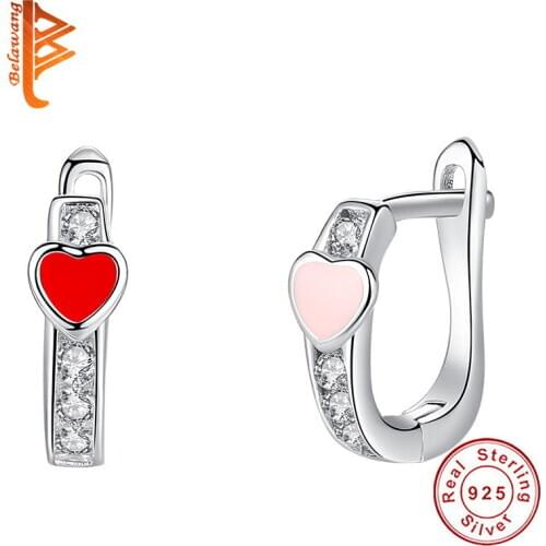 BELAWANG 2019 925 Sterling Silver Cute Love Heart Earrings for Girls Kids Clear CZ Earrings Silver Fashion Jewelry