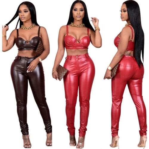 Wet Look High Waist Brown Red Faux Leather Pants with Zipper Women Fall 2020 Fashion Skinny PU Leather Long Pants Trousers Ddlg